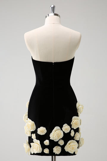 Black Strapless Bodycon Short Homecoming Dress with 3D Flowers